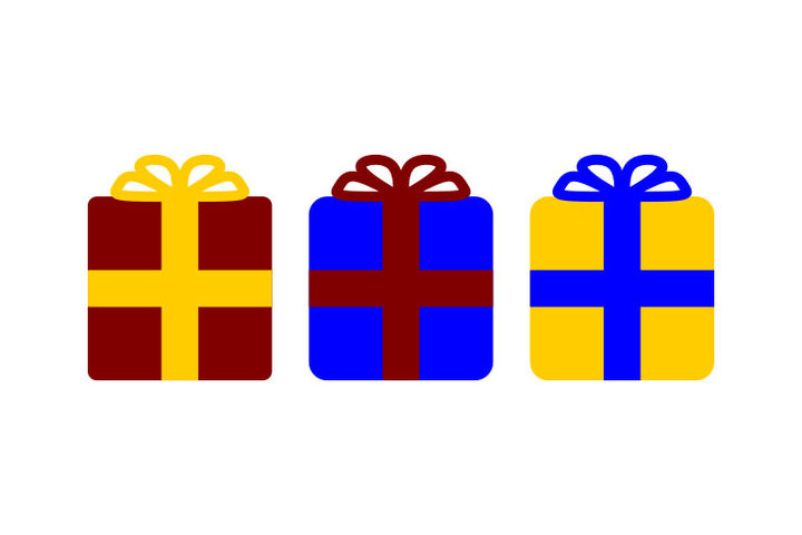 A colorful drawing of three gift boxes.